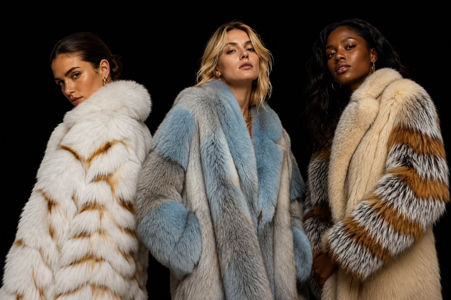 Three models in custom fur coats by Ervin Rosenfeld, photographed against a black backdrop.
